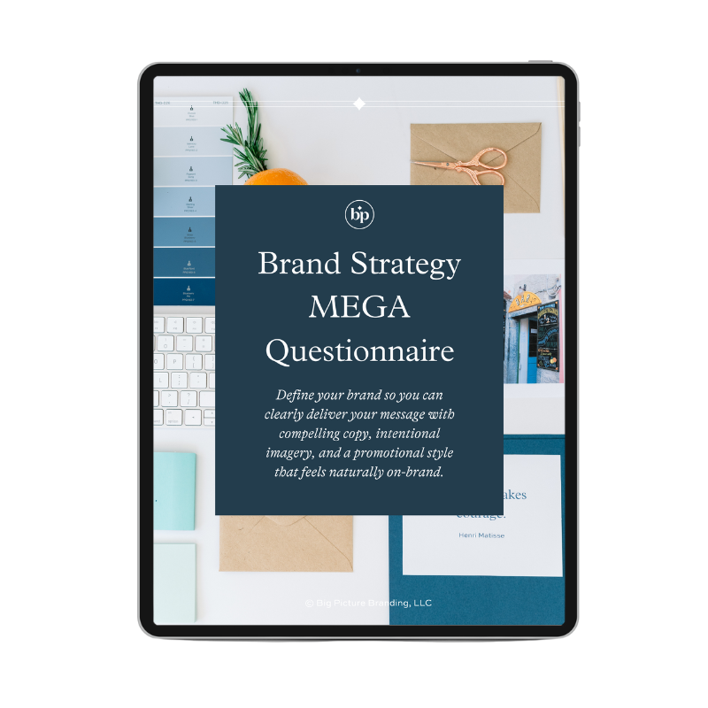 Brand Strategy MEGA Questionnaire Shop Template on an iPad.